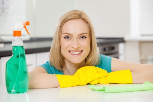 Trained carpet cleaning staff working carefully indoors